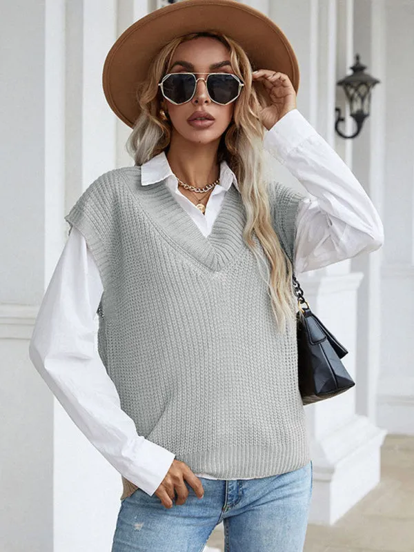 Winter Office Solid-Knitted Waffle Vest V-Neck Sweater