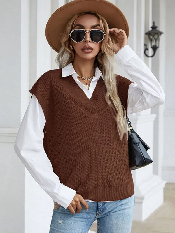 Winter Office Solid-Knitted Waffle Vest V-Neck Sweater