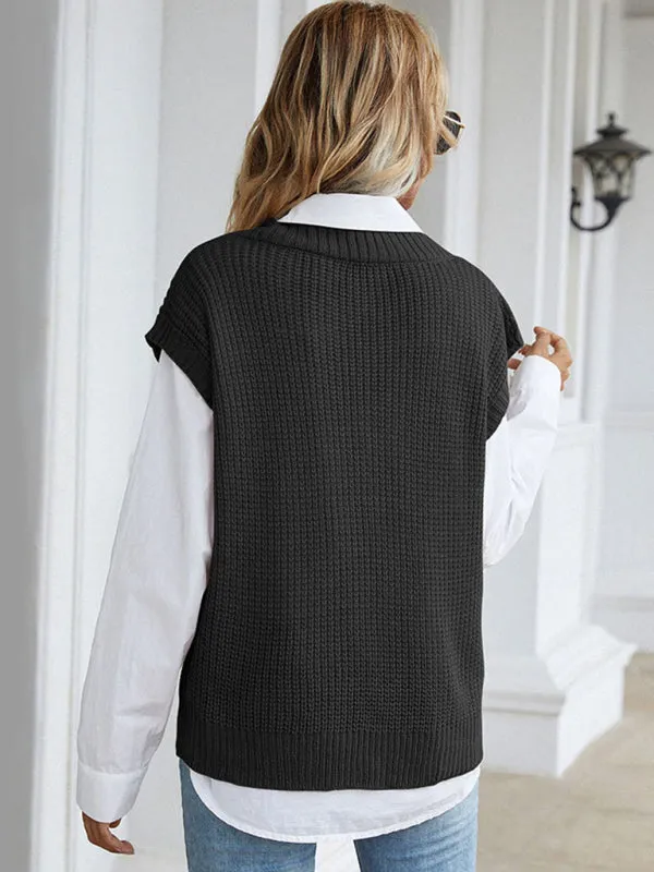 Winter Office Solid-Knitted Waffle Vest V-Neck Sweater