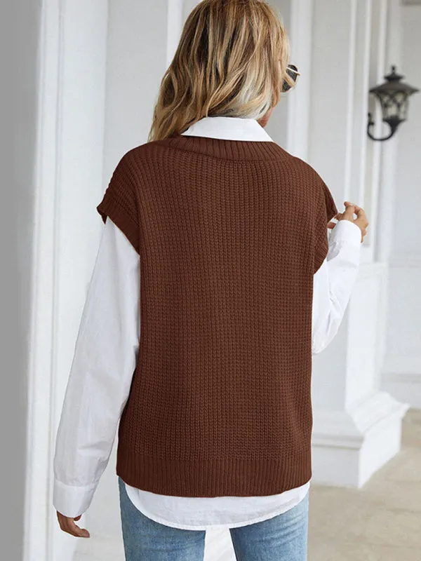 Winter Office Solid-Knitted Waffle Vest V-Neck Sweater