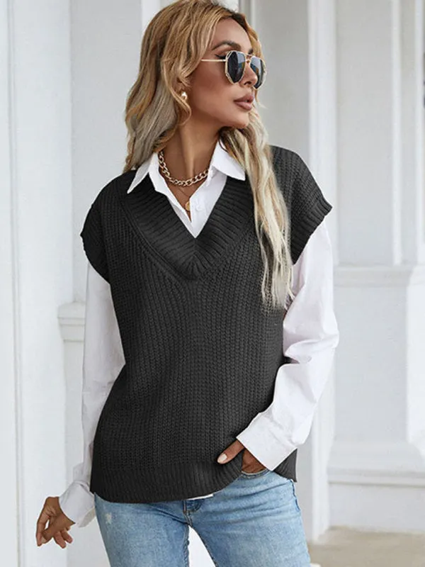 Winter Office Solid-Knitted Waffle Vest V-Neck Sweater