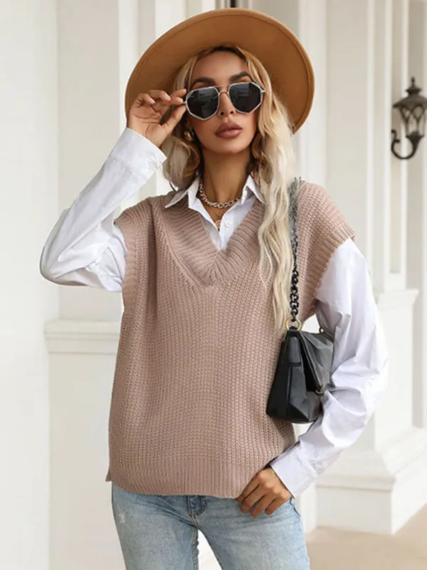 Winter Office Solid-Knitted Waffle Vest V-Neck Sweater