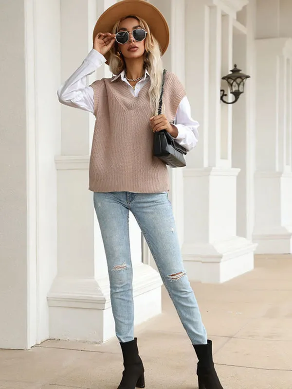 Winter Office Solid-Knitted Waffle Vest V-Neck Sweater