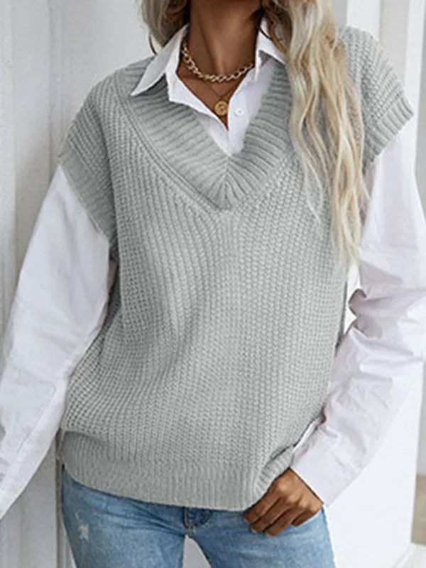 Winter Office Solid-Knitted Waffle Vest V-Neck Sweater