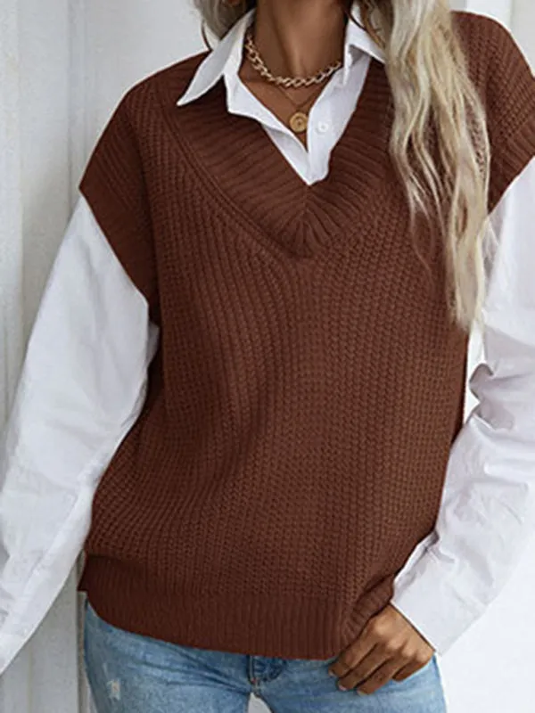 Winter Office Solid-Knitted Waffle Vest V-Neck Sweater