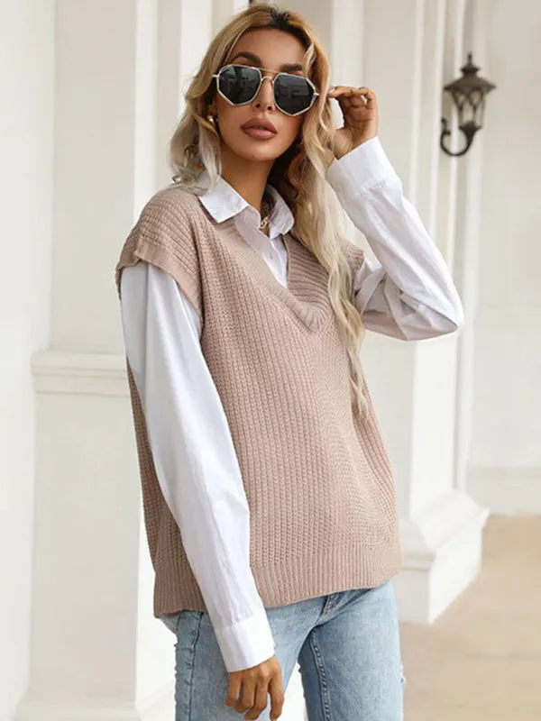 Winter Office Solid-Knitted Waffle Vest V-Neck Sweater