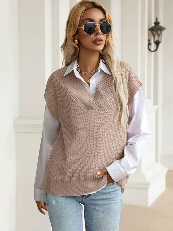 Winter Office Solid-Knitted Waffle Vest V-Neck Sweater