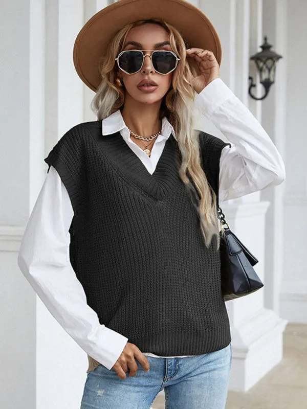 Winter Office Solid-Knitted Waffle Vest V-Neck Sweater