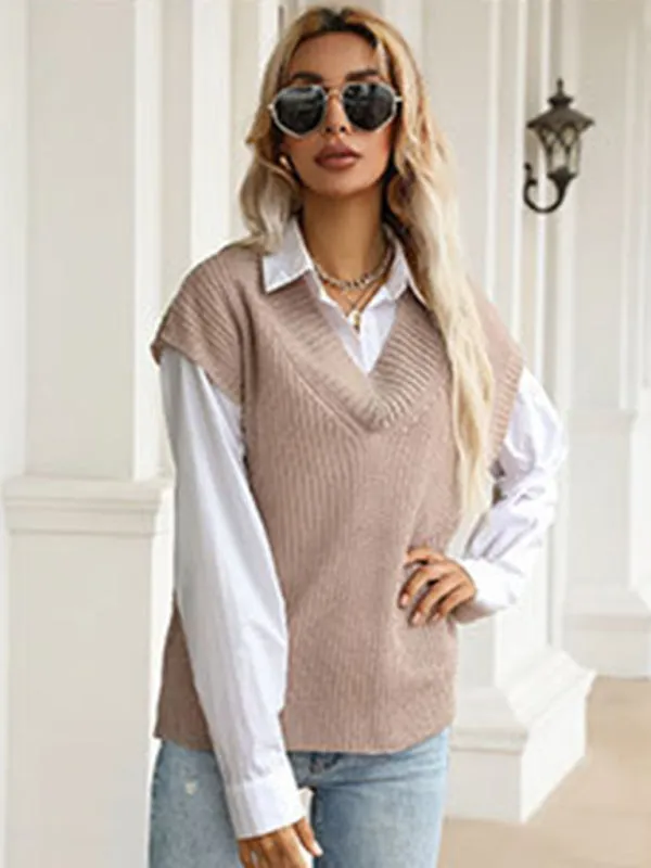 Winter Office Solid-Knitted Waffle Vest V-Neck Sweater