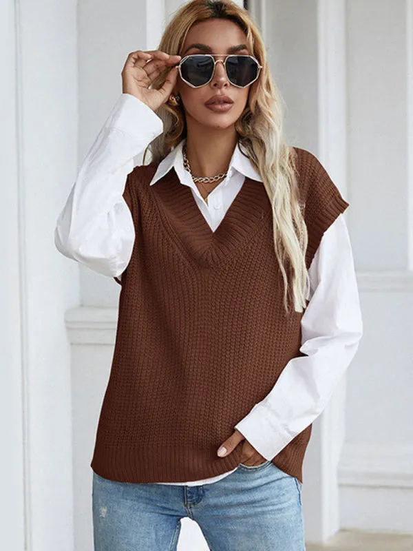 Winter Office Solid-Knitted Waffle Vest V-Neck Sweater