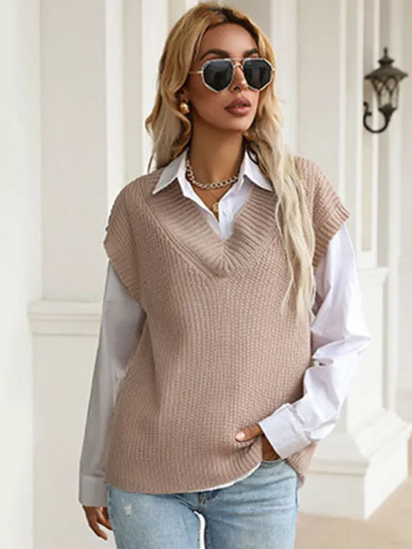 Winter Office Solid-Knitted Waffle Vest V-Neck Sweater