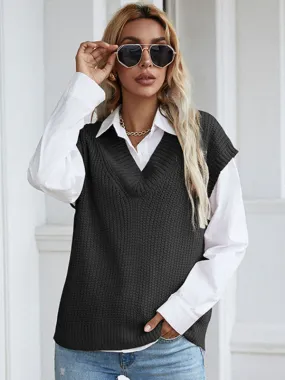 Winter Office Solid-Knitted Waffle Vest V-Neck Sweater