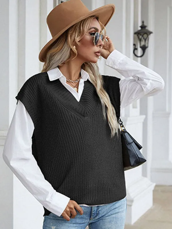 Winter Office Solid-Knitted Waffle Vest V-Neck Sweater