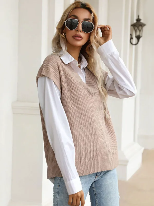 Winter Office Solid-Knitted Waffle Vest V-Neck Sweater