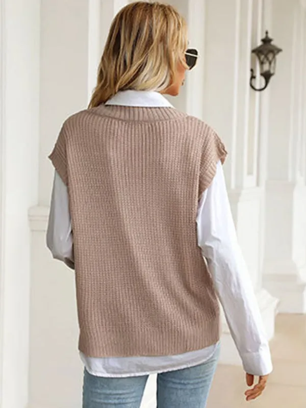 Winter Office Solid-Knitted Waffle Vest V-Neck Sweater