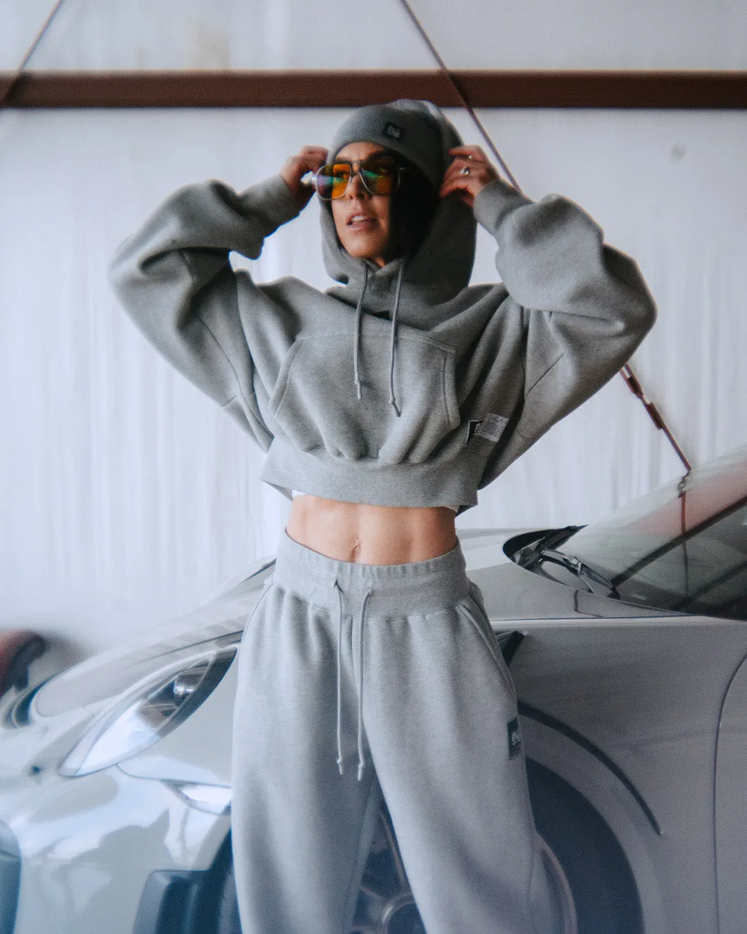 WOMENS OVERSIZED CROP HOODIE - HEATHER GREY